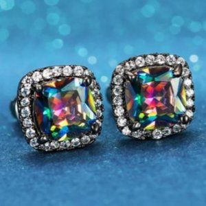 18k Black Gold  Mystic Rainbow Topaz Halo Stud